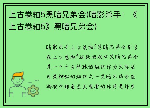 上古卷轴5黑暗兄弟会(暗影杀手：《上古卷轴5》黑暗兄弟会)